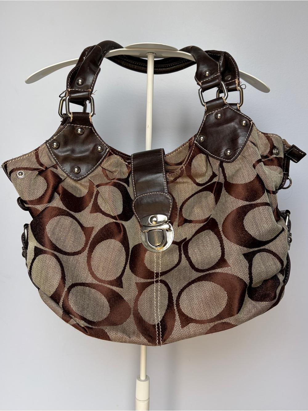 Vintage Designer-Style Brown Canvas Shoulder Bag with Leather Accents